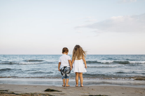 Rückenansicht eines kleinen Jungen und eines Mädchens, die Seite an Seite am Meer stehen - JRFF00882