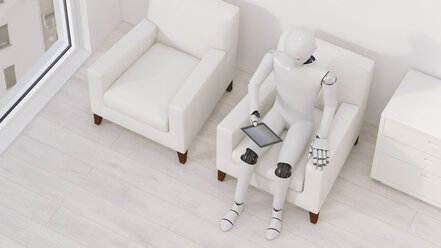 Robot sitting on armchair with tablet, 3D Rendering - AHUF00251