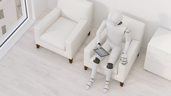Roboter auf Sessel sitzend mit Tablet, 3D Rendering - AHUF00251