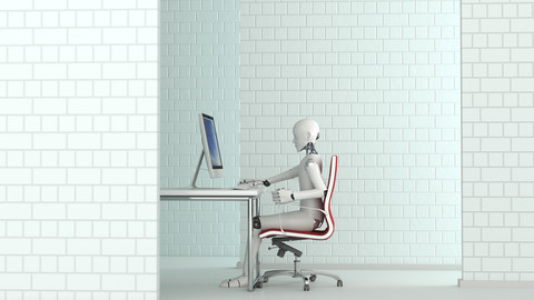 Roboter arbeitet am Schreibtisch, 3D Rendering, lizenzfreies Stockfoto