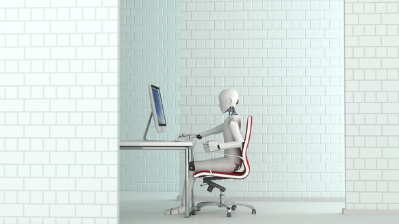 Roboter arbeitet am Schreibtisch, 3D Rendering - AHUF00254