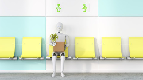 Roboter mit Pappkarton und Topfpflanze auf einem Sitz sitzend, 3D Rendering, lizenzfreies Stockfoto