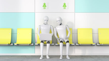 Zwei Roboter schauen auf einen Laptop, 3D-Rendering - AHUF00258