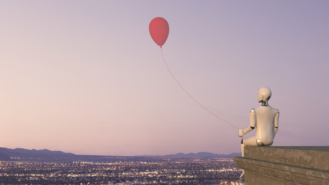 Rückansicht eines Roboters, der mit einem Luftballon auf einer Dachkante sitzt, 3D Rendering, lizenzfreies Stockfoto