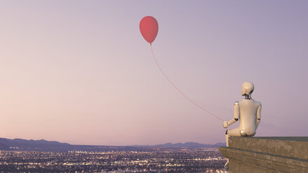 Rückansicht eines Roboters, der mit einem Luftballon auf einer Dachkante sitzt, 3D Rendering - AHUF00260