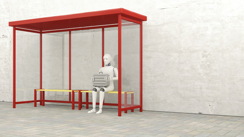 Roboter mit Aktenkoffer an der Haltestelle sitzend, 3D Rendering, lizenzfreies Stockfoto