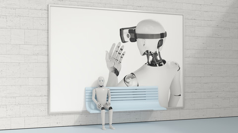 Roboter auf einer Bank vor einer Werbetafel sitzend, 3D Rendering, lizenzfreies Stockfoto