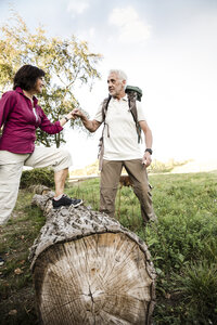 Älteres Paar bei einer Wanderung über einen Baumstamm - ONF01059