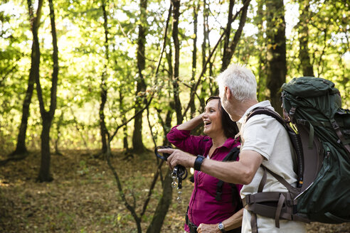 Glückliches älteres Paar beim Wandern in einem Wald - ONF01061