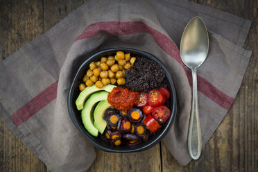 Buddha bowl of black amaranth, avocado, Purple Haze, roasted chickpeas, tomatoes and ajvar - LVF05386