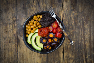 Buddha bowl of black amaranth, avocado, Purple Haze, roasted chickpeas, tomatoes and ajvar - LVF05389