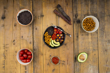 Buddha bowl of black amaranth, avocado, Purple Haze, roasted chickpeas, tomatoes and ajvar - LVF05390