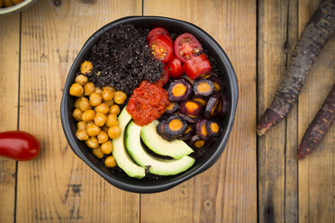 Buddha bowl of black amaranth, avocado, Purple Haze, roasted chickpeas, tomatoes and ajvar - LVF05393