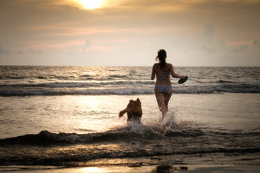 Mexiko, Nayarit, Junge Frau im Bikini spielt Frisbee mit ihrem Golden Retriever Hund am Strand, läuft ins Meer - ABAF02085