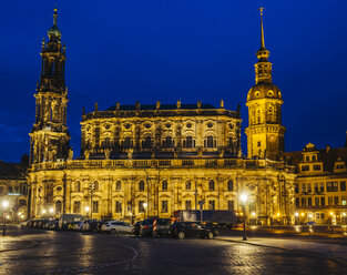 Germany, Saxony, Dresden, Dresden Cathedral and Hausmann Tower in the evening - KRPF01887