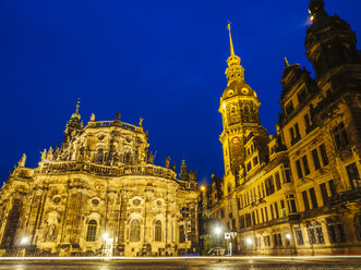Germany, Saxony, Dresden, Dresden Cathedral and Hausmann Tower in the evening - KRPF01889