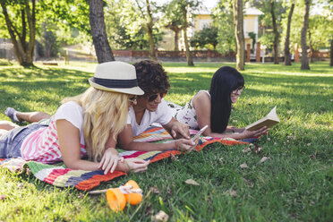 Freunde im Park, die ein Buch lesen und ein Mobiltelefon benutzen - DAPF00363