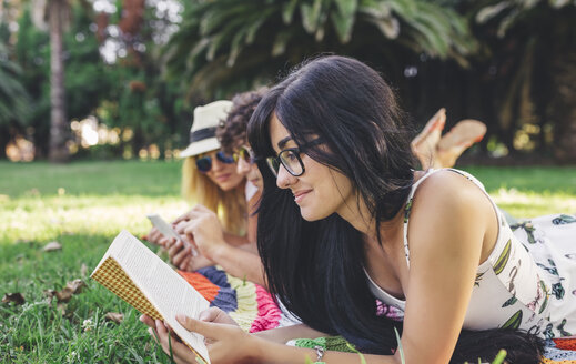 Freunde im Park, die ein Buch lesen und ein Mobiltelefon benutzen - DAPF00364