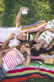 Verspielte Freunde liegen auf einer Decke im Park und machen ein Selfie - DAPF00368