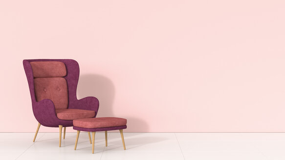Sessel und Hocker im Retrostil vor rosa Wand - AHUF00265