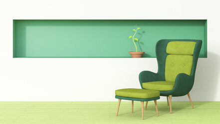 Retro style arm chair and stool with plant growing in green shelf - AHUF00267