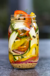 Pickeled vegetables and herbs in preserving jars - SARF02980