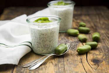 Two glasses of natural yoghurt with chia seeds and slices of hardy kiwis - LVF05467