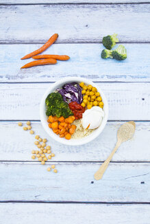 Lunch bowl of quinoa, red cabbage, carrots, roasted chickpeas, broccoli, poached egg and ajvar - LVF05486