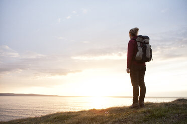 Iceland, back view of hiker looking at view by twilight - RBF05214