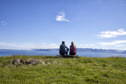 Island, Rückenansicht eines Paares mit Blick auf die Aussicht - RBF05222