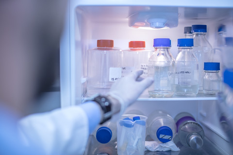 Wissenschaftlerin greift nach Plastikflaschen im Kühlschrank im Labor, lizenzfreies Stockfoto