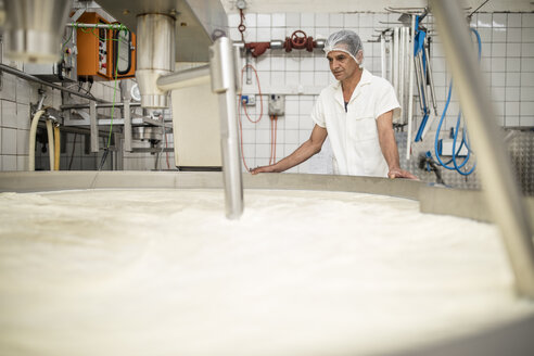 Arbeiter in einer Käsefabrik kontrolliert den Gerinnungsprozess - ZEF11016
