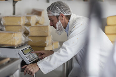 Arbeiter in einer Käsefabrik wiegt verpackten Käse - ZEF11046
