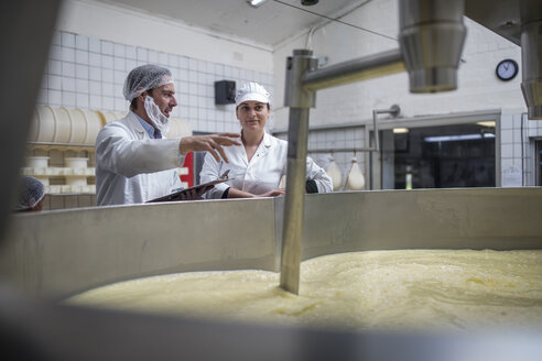 Arbeiter in einer Käsefabrik kontrollieren den Gerinnungsprozess - ZEF11051