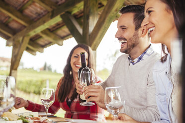 Friends socializing at outdoor table with red wine - ZEDF00376