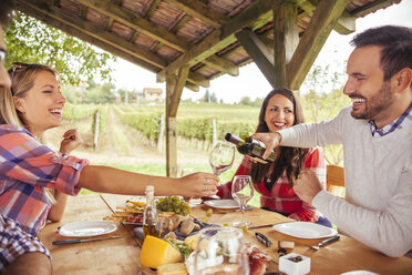 Friends socializing at outdoor table with red wine and cold snack - ZEDF00378