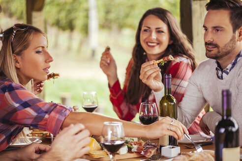 Freunde beim geselligen Beisammensein am Tisch im Freien mit Rotwein und kaltem Snack - ZEDF00384