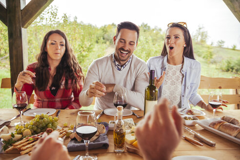 Freunde beim geselligen Beisammensein am Tisch im Freien mit Rotwein und kaltem Snack - ZEDF00390