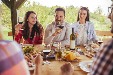 Friends socializing at outdoor table with red wine and cold snack - ZEDF00391