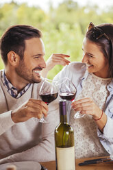 Happy couple clinking red wine glasses outdoors - ZEDF00394