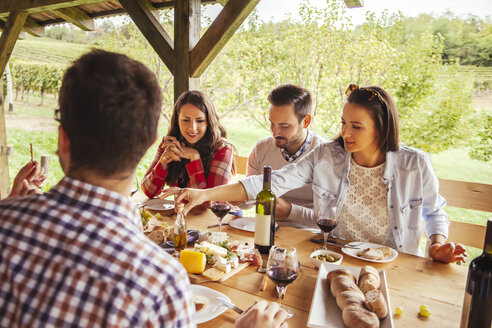 Freunde beim geselligen Beisammensein am Tisch im Freien mit Rotwein und kaltem Snack - ZEDF00395