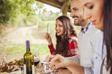 Freunde beim geselligen Beisammensein am Tisch im Freien mit Rotwein und kaltem Snack - ZEDF00396