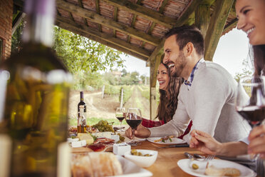 Friends socializing at outdoor table with red wine and cold snack - ZEDF00397