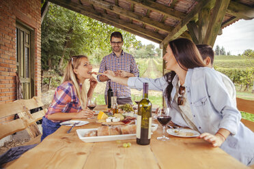 Friends socializing at outdoor table with red wine and cold snack - ZEDF00402