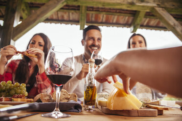 Freunde beim geselligen Beisammensein am Tisch im Freien mit Rotwein und kaltem Snack - ZEDF00404