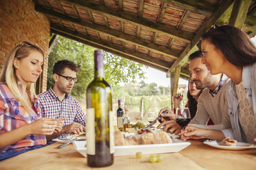 Freunde beim geselligen Beisammensein am Tisch im Freien mit Rotwein und kaltem Snack - ZEDF00409