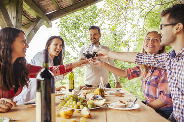 Friends clinking red wine glasses at outdoor table - ZEDF00414