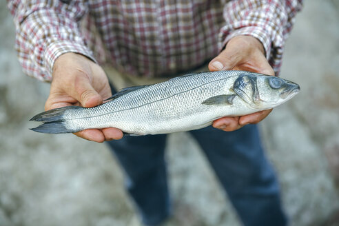 Älterer Mann zeigt gefangenen Fisch - DAPF00445