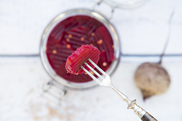 Piece of pickled beetroot skewered on fork - LVF05507