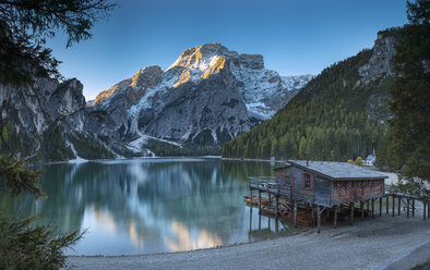 Italy, South Tyrol, Lago di Braies at sunrise - YRF00127
